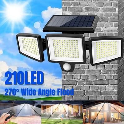 Solar Outdoor Lights 210 LED Security Lights with Remote Control 3 Heads Motion Sensor Lights 270° Wide Angle Flood Wall Lights