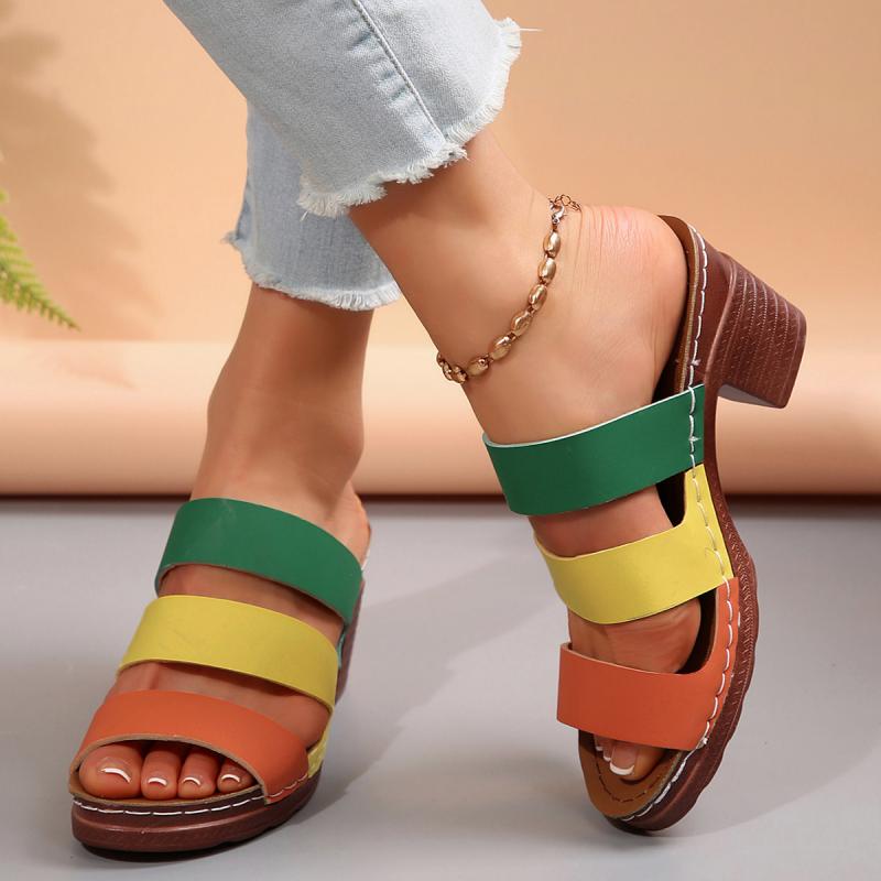 Fashion Fashion Mix Colours Bohemian Open Toe Shoes Women Leisure Round Toe Slippers Women 2025 Summer Square High Heels Shoes Women