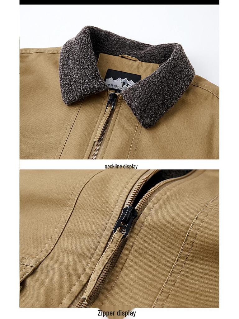 Men's Casual Fleece-Lined Warm Workwear Jacket – Retro Turn-Down Collar Coat for Autumn and Winter.