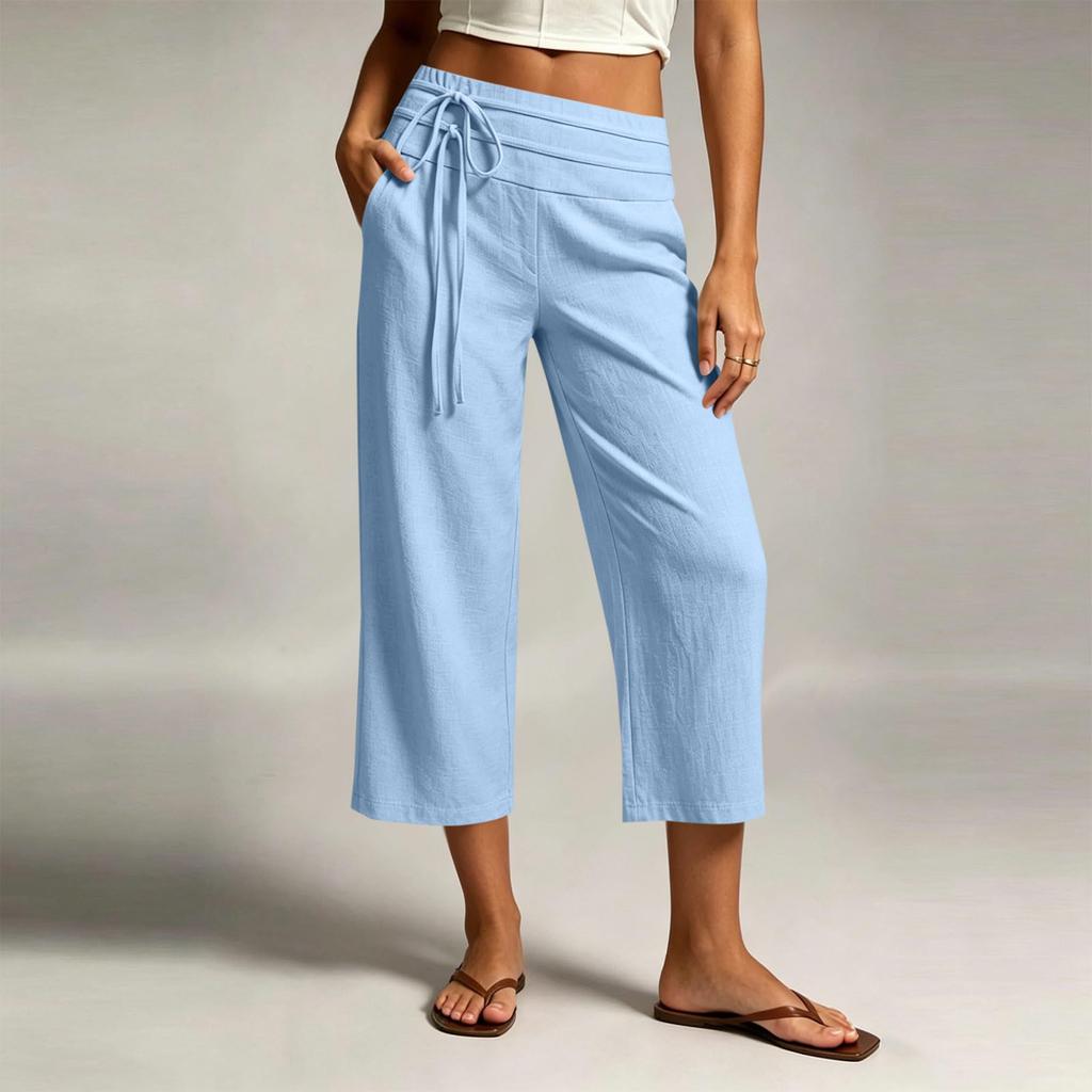 Women Casual Wide Leg Cropped Pants Elastic Waistband Drawstring Loose Fit Capri Trousers Lightweight Breathable Fabric
