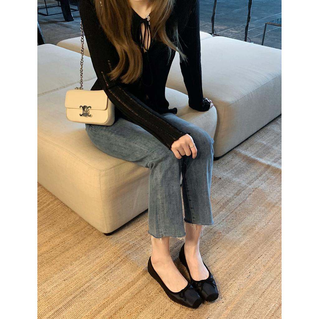 Hedvábí _ jehněčí kůže francouzská čtvercová špička mašlička plochá podrážka jeden pedál odhalující chodidla malé mělké ústí balerínky dámské jednoduché boty