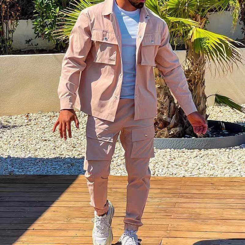 Giacca da uomo Pantaloni cargo Set con tasca Primavera Autunno Solido Tuta casual Bottone Giacca monopetto maschile Abito da 2 pezzi