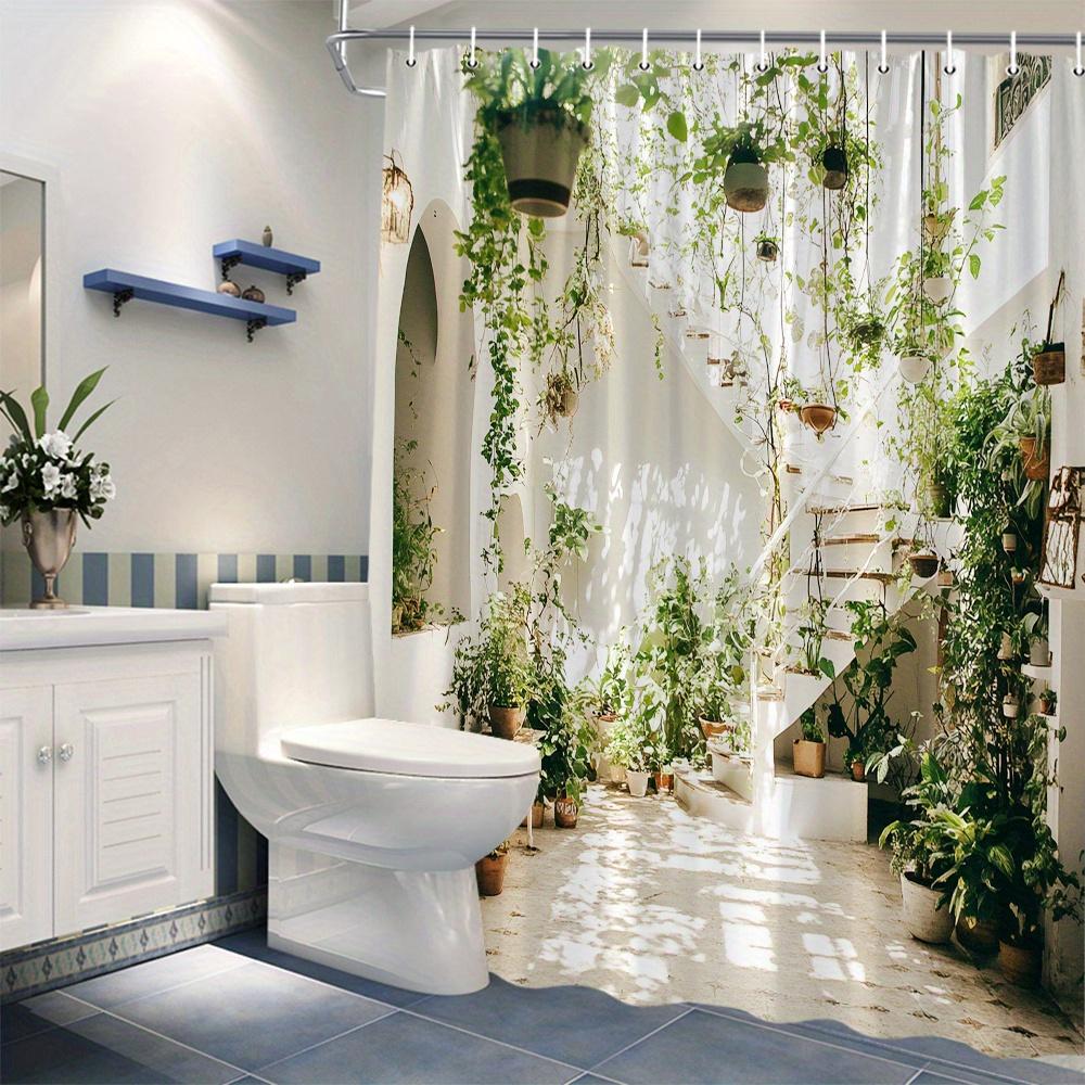 1Pc Shower Curtain - Indoor Garden With Hanging Plants And Staircase Design For A Natural Bathroom Waterproof