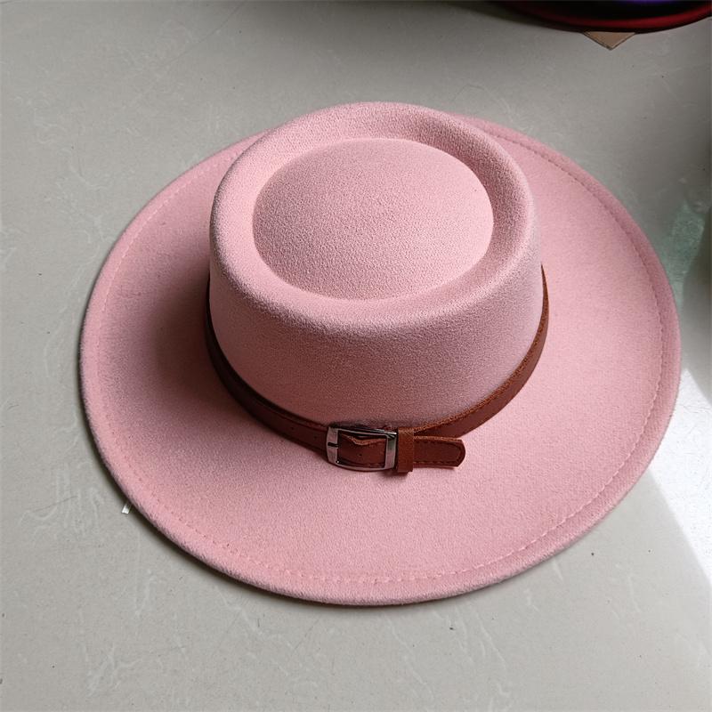 2026 Fedora Hat Winter Round Convex Flat Top Belt Accessories Rose Red Felt Jazz Hat for Men and Women Fedora Gorras
