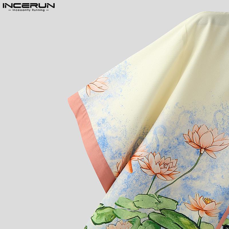 INCERUN Oversized Men Stitching Casual Loose Short Sleeve Print Shirts Tops