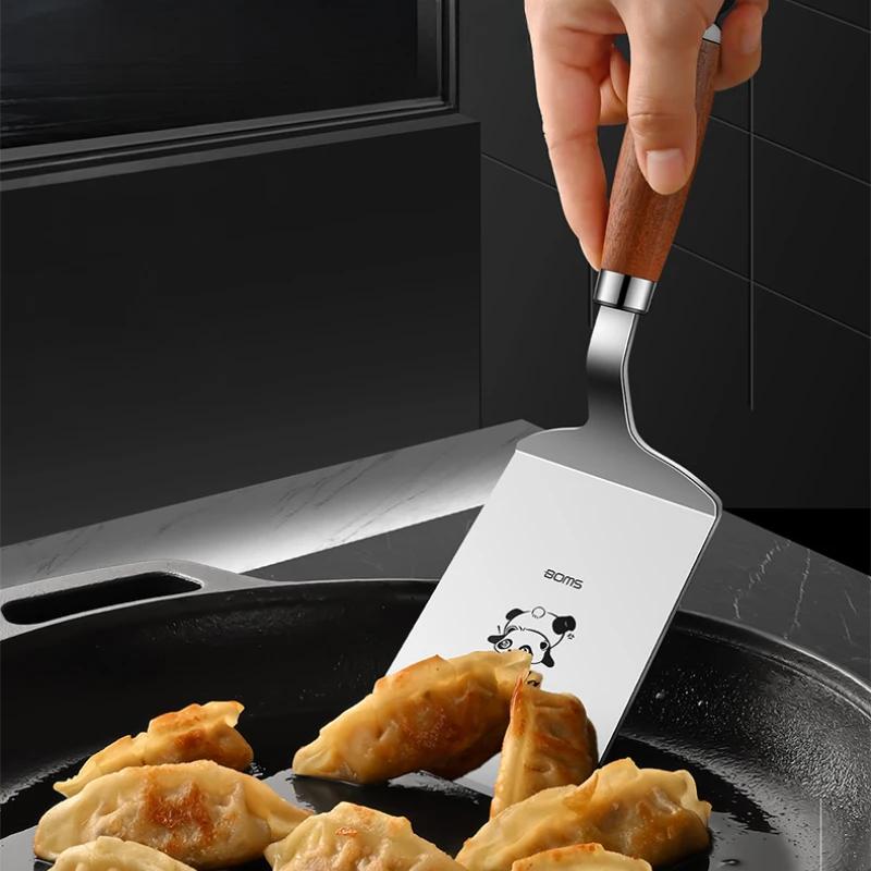 Stainless Steel Square Head Steak Cooking Spatula Wood Handle Pizza Shovel Pancake Beef Turner Scraper BBQ Utensils For Kitchen