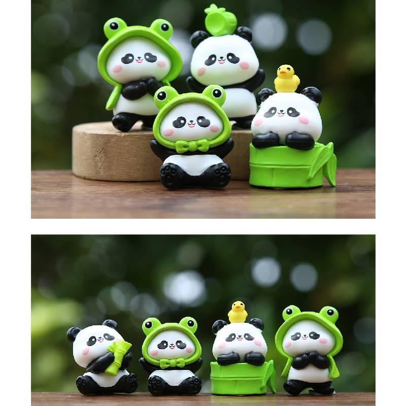 Cute Panda Embracing Bamboo With Frog Headwear Mini Model For Kids And Collectors