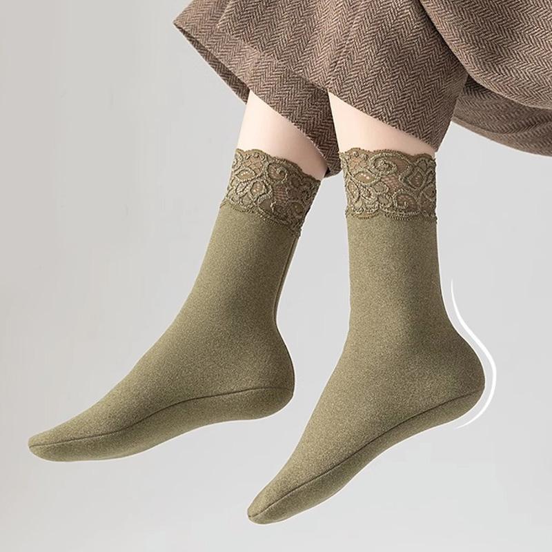 1Pair Lace Keep Warm Thicken Winter Socks Self-heating Fleece-lined Cotton Snow Socks