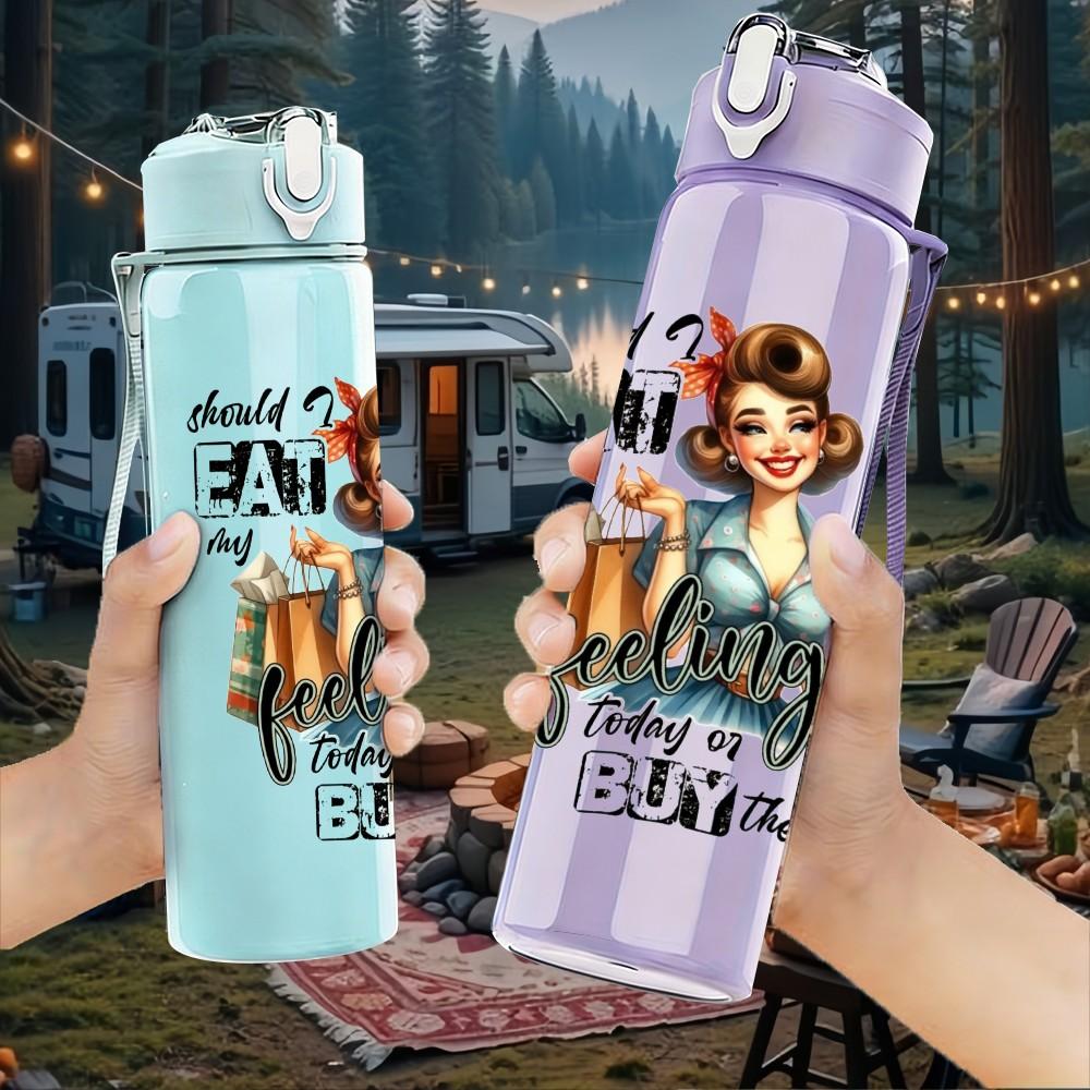 1PC Retro Cowgirl Text Art Pattern 750ml Color Plastic Sports Water Bottle Leakproof Flip Straw Lid Suitable for Sports Office Home Use