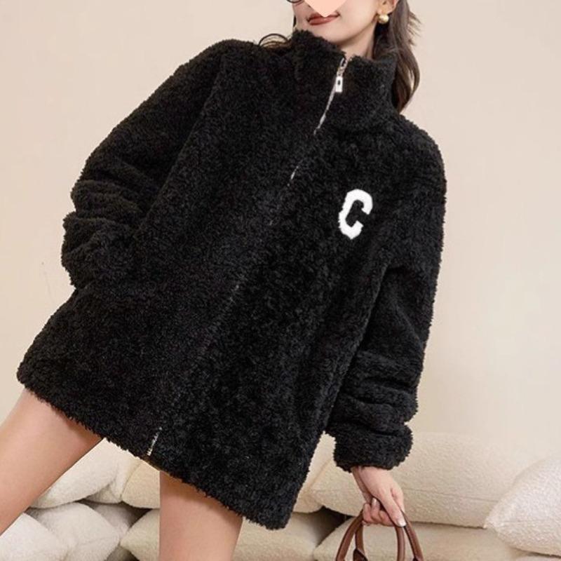 Light coral fleece jacket women's autumn and winter thickened thermal sweater women's outer wear women's embroidered double-sided fleece trendy black
