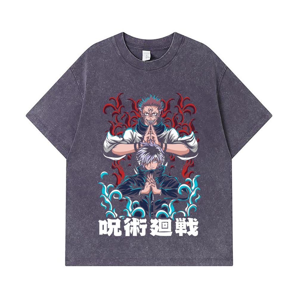 275 GSM Washed T-shirts 100% Cotton Jujutsu Kaisen V49 Gojo Sukuna Print Unisex Heavy Cotton T Shirt