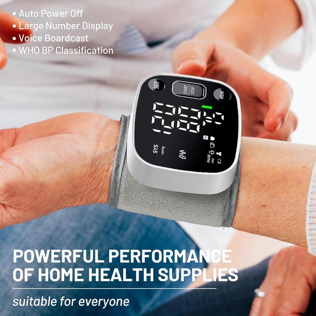Oklar Blood Pressure Monitors for Home Use Rechargeable Wrist Digital BP Machine Cuff with LED Backlit Display, Voice Broadcast, 240 Memory Storage