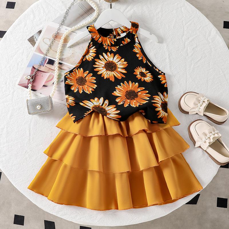 

Girls Summer Outfit Set: Sunflower Sleeveless Top and Cake Skirt Two-Piece Set 11-12Y чёрный