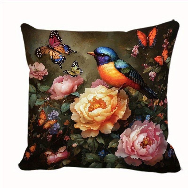 Colorful Birds Butterflies Floral Pillow Covers Pattern Cushion Cover Suitable For Sofa Bedroom Car Pillow Cover