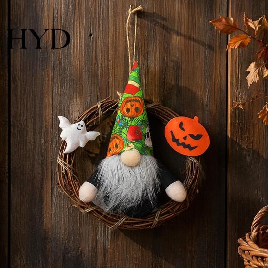 Hanging Door Decoration Halloween Gnome Wreath, Faceless Rattan Rustic Wreath with Pumpkin Ghost for Front Wall Holiday Party Decor