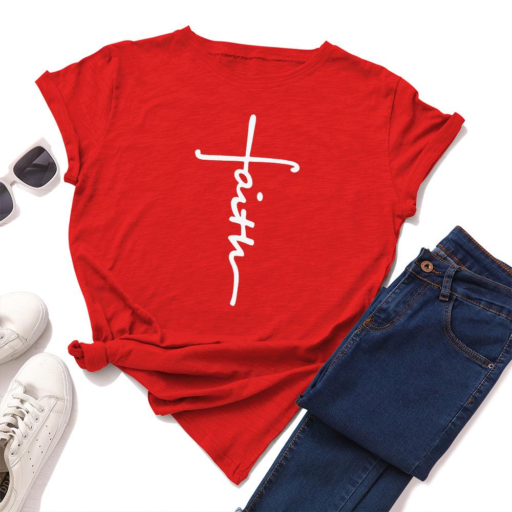 Summer Round Neck Heart-shaped Letter Faith Printed Top Fashionable Casual Pure Cotton Short Sleeved Women's T-shirt