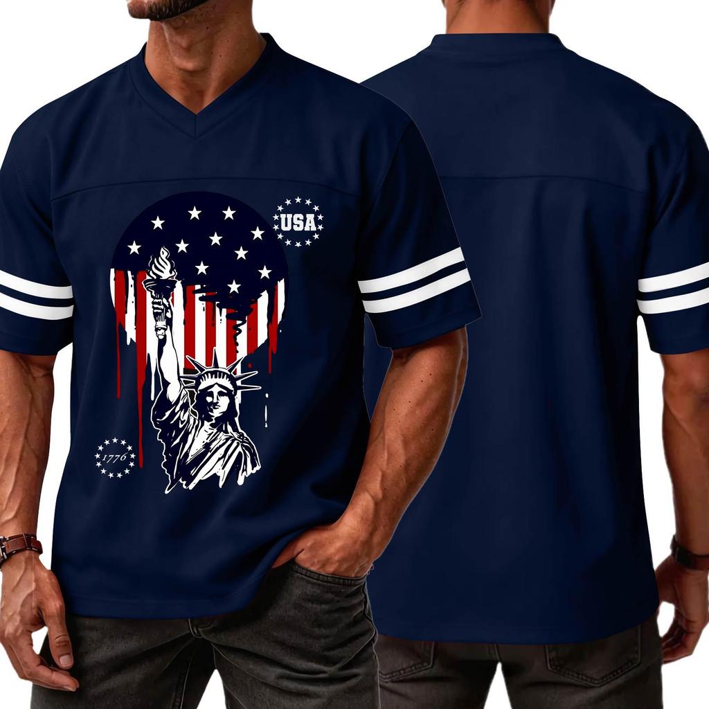 Men's Casual V Neck Short Sleeve Sports T Shirt Independence Day Printed Graphic Tee USA Lettering Athletic Top