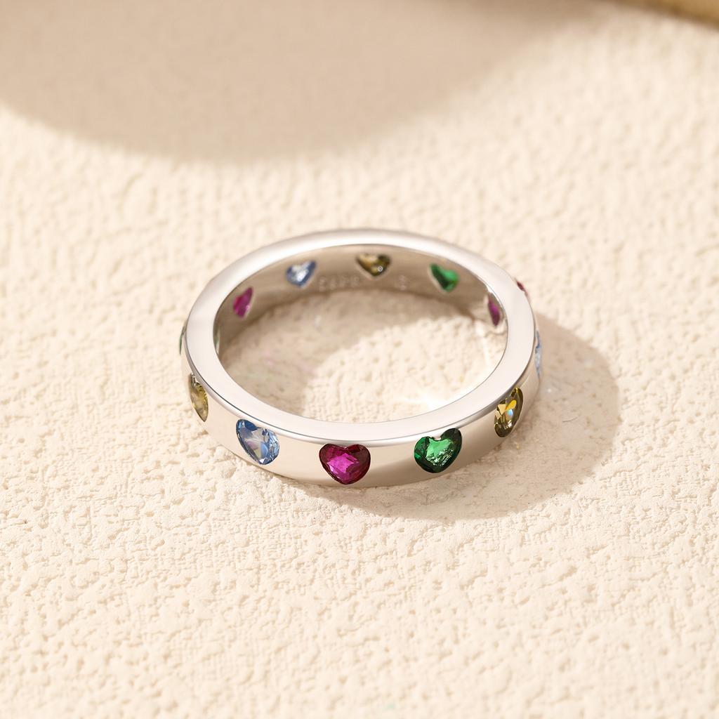 MODIAN 925 Silver Sweet Romantic Colorful Zircon Heart Stackable Eternity Band Trendy Rings For Women Fine Jewelry