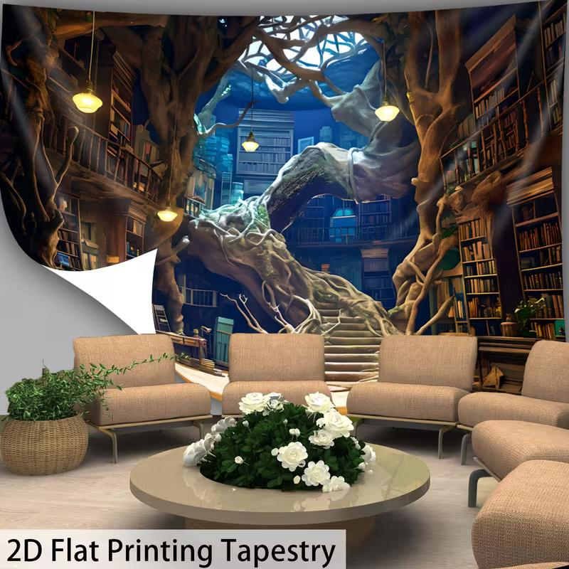 2D Dark Academia Tapestry Magical Tree Library in Enchanted Forest Wall Hanging 47.2x31.5inch/120*80cm