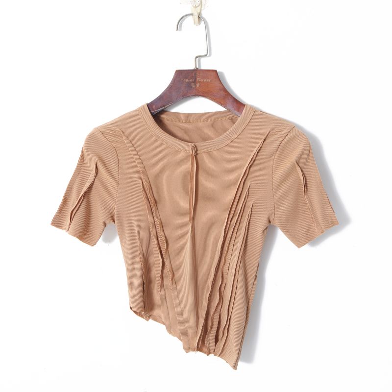 

Летняя женская одежда 2023 года, однотонная, легкая, полупрозрачная, пуловер с круглым вырезом, с коротким рукавом, облегающая, эластичная, клетчатая, асимметричная футболка Khakis M