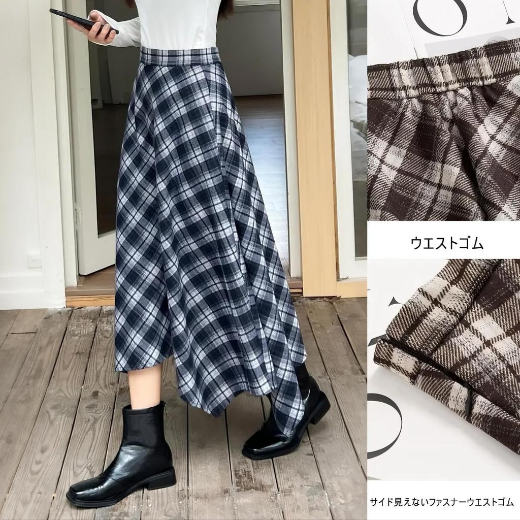 Kryoza Check Long Skirt with High Elastic Women's Skirt, A-Line Pattern, Waist, Stylish, Waist, Fall/Winter (BGZ01-Navy-S)