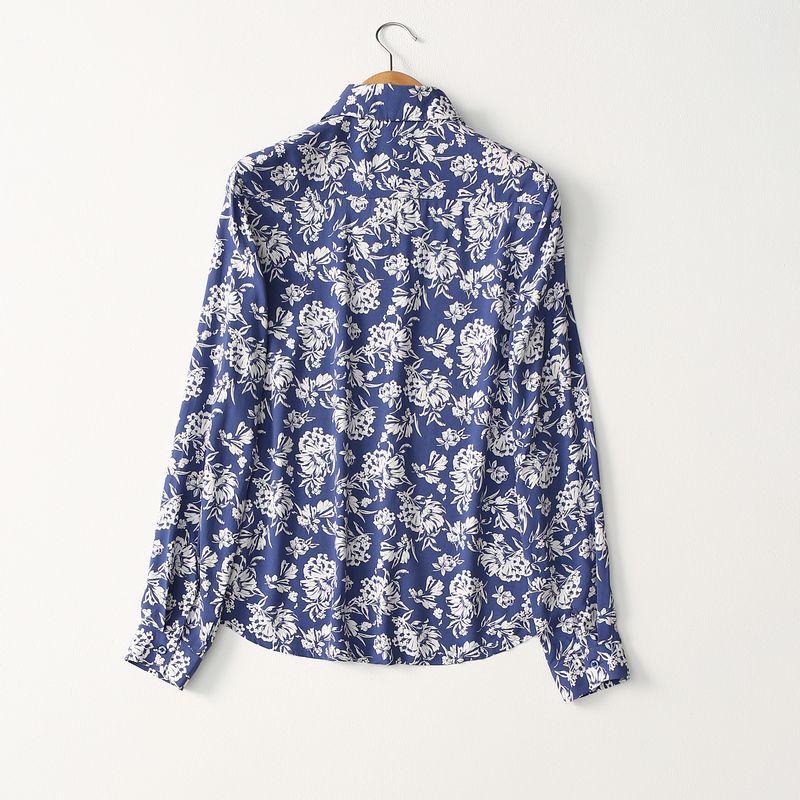 Foreign Trade Original Order Elegant Blue and White Porcelain Printed Cotton Silk Shirt Women's Long Sleeve Thin Summer Loose Artificial Cotton Tops