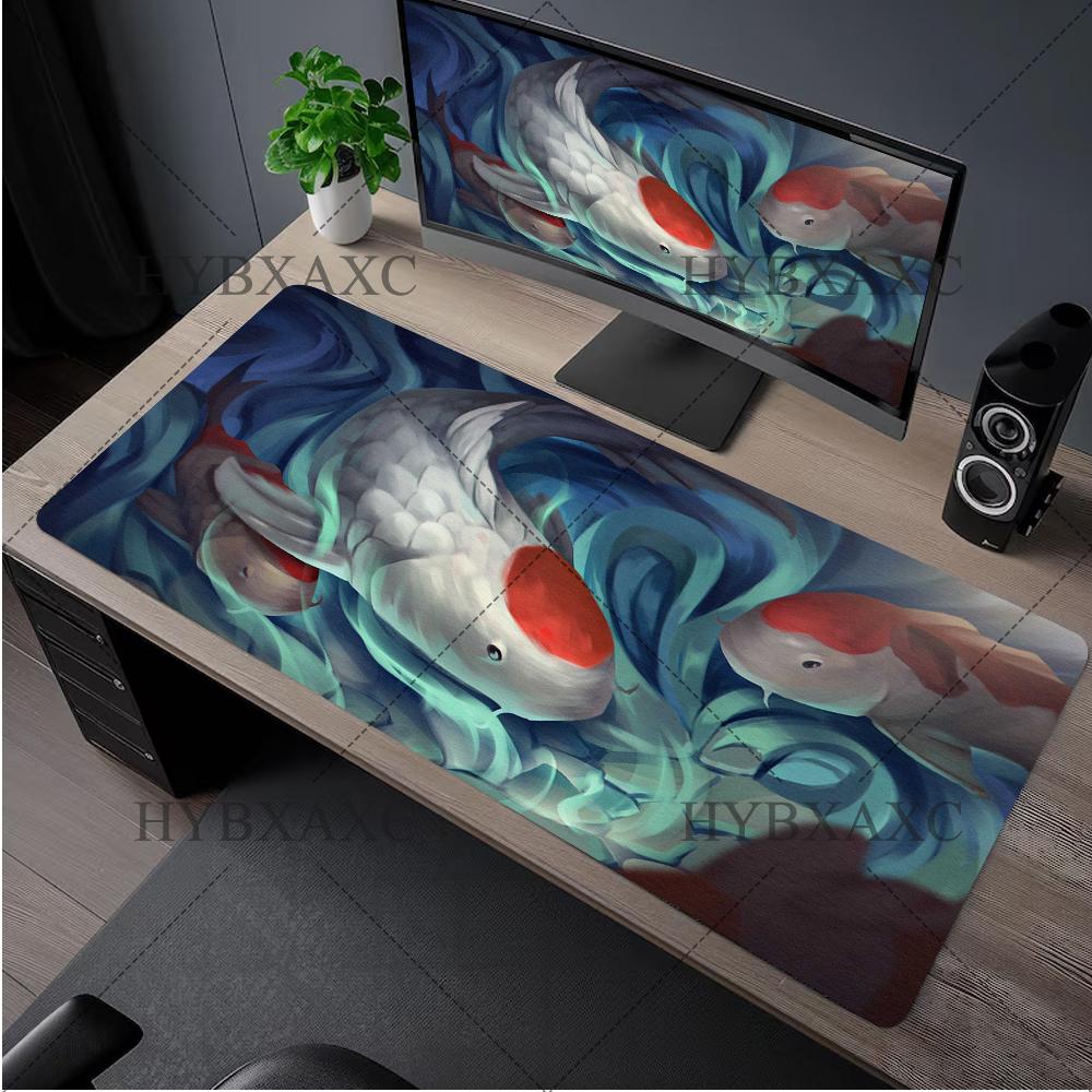 Japanese Desk Mat Black  White Mouse Pad Koi Fish Japan Art Seal Yinyang Fish Large XL Gaming Deskmat Rubber Mousepad X