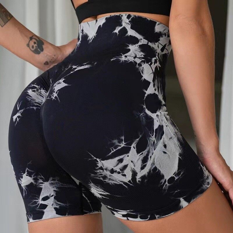 Summer New Arrival Fashion Tie-Dye Peach Yoga Shorts Women's High Waist Hip Raise Skinny Sports Running Three-Point Fitness Pants