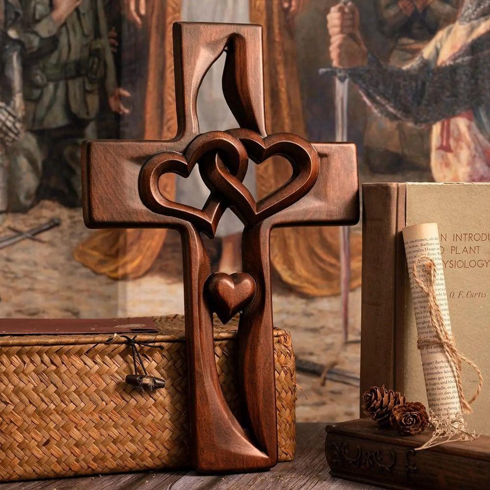 Valentine's Day Intertwined Heart Wooden Cross Solid Wood Log Cross Pendant  Christian