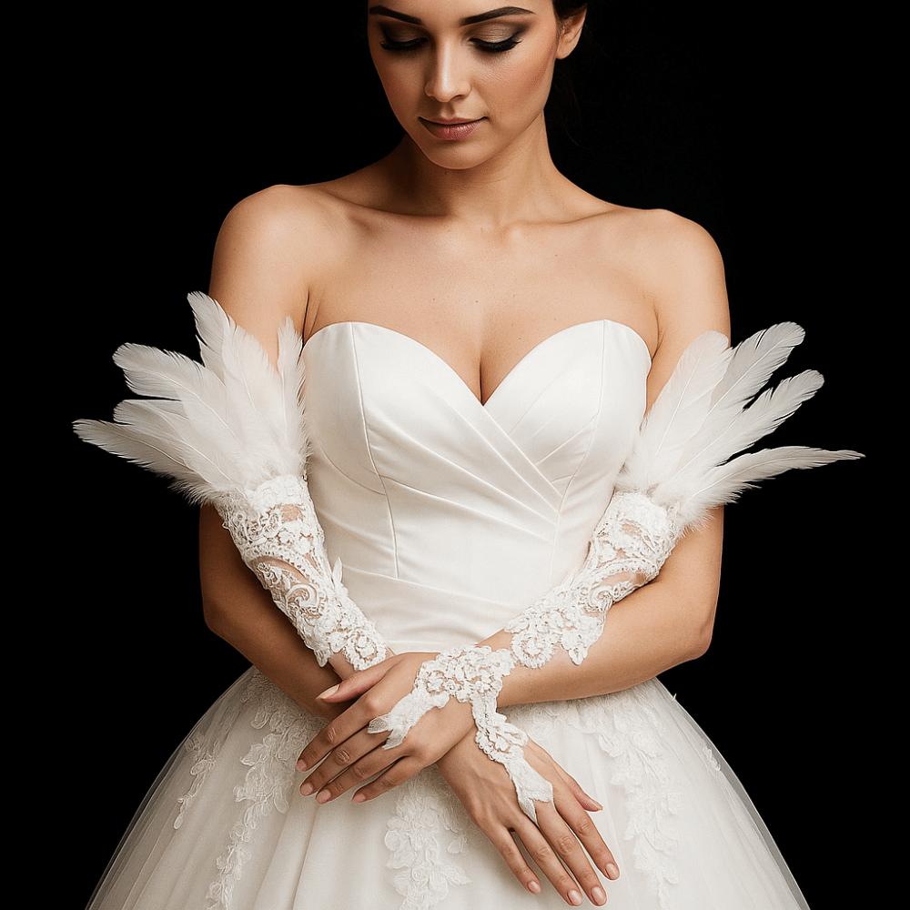 1PC Embroidery Feather Long Gloves Lace Female Mittens Wedding Gloves  Stage Performance