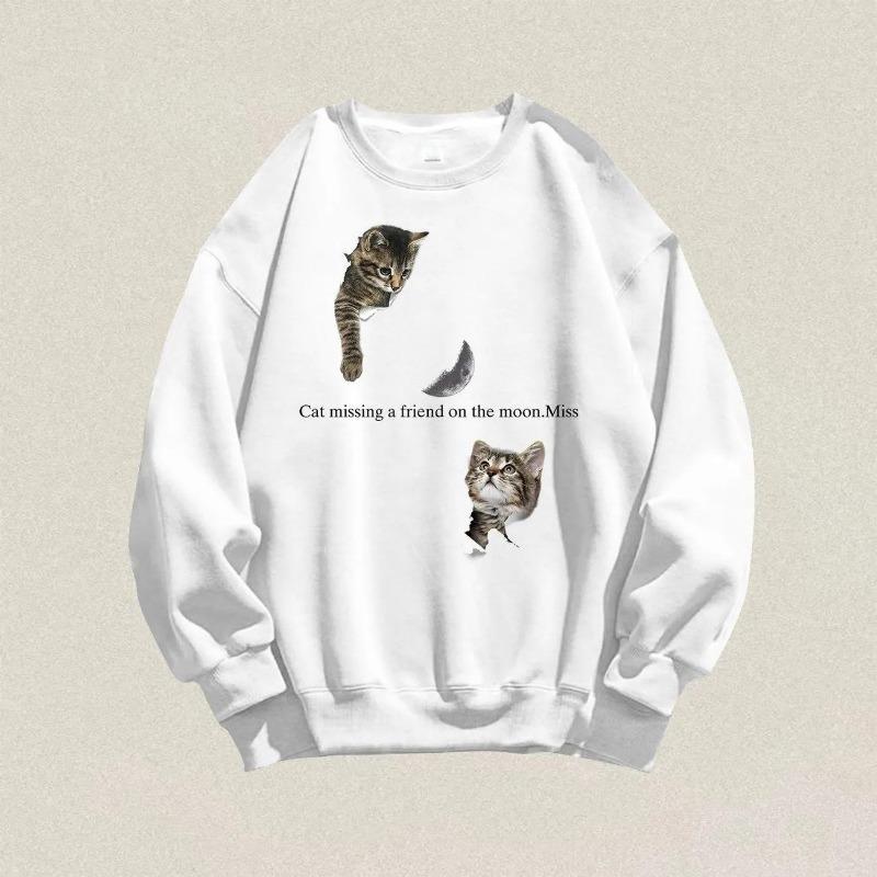 Cat Printed Round Neck Women s Hoodie Long Sleeved Loose Fitting Woman Pullover Autumn New Fashionable Versatile Top M