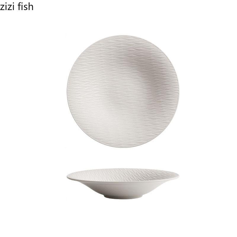 Pure White Relief Texture Ceramic Salad Bowl Restaurant Pasta Dessert Bowl Thick Soup Bowl Molecular Food Creative Tableware