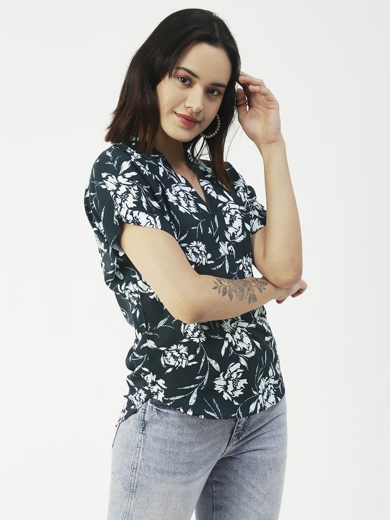 Moomaya Printed V-Neck Long Tops For Women, Short Sleeve Regular Fit Shirt