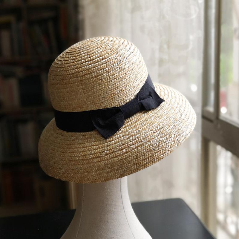 Hepburn Wind Bow Lampshade Straw Straw Straw Hat Women'S Summer French Sunscreen Face Cover Vacation Travel Sun Hat