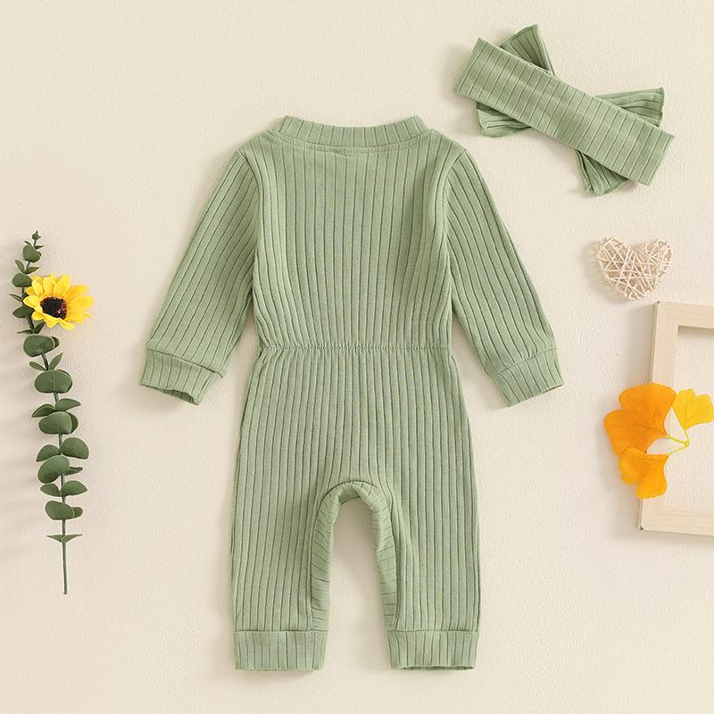 Citgeett Autumn Infant Baby Girl Fall Outfits Long Sleeve Ribbed Jumpsuit Headband Set Fall Clothes