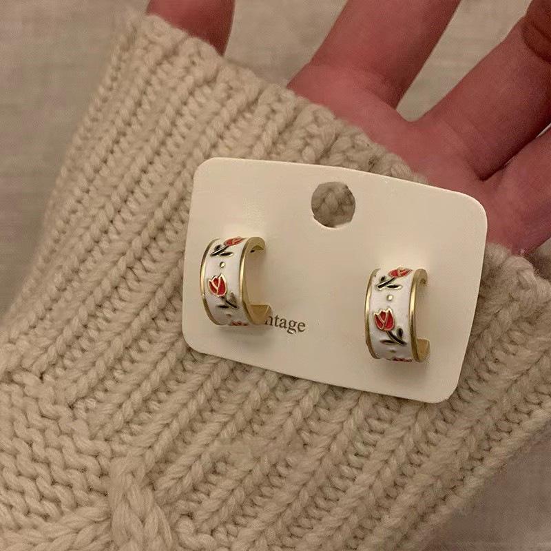 925 Silver Needle French Retro Enamel Tulip C-Shaped Earrings - Light Luxury Floral Design for Women