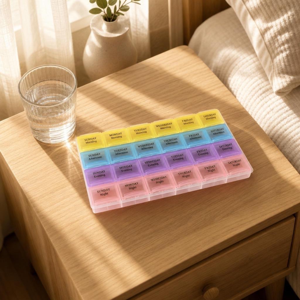 Portable Weekly Pill Organizer with Four Daily Compartments Transparent Cover Compact Design for Medication Storage and Travel Use 21 5x12x2 5cm