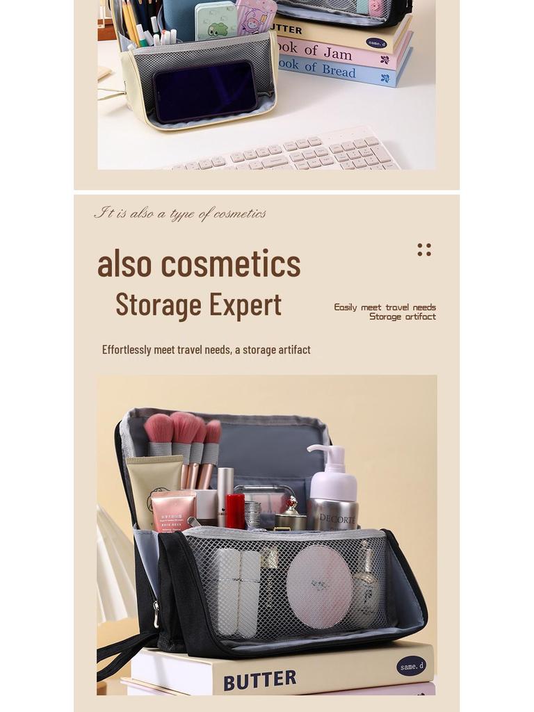 Large Capacity Stand-Up Pencil & Makeup Bag - Travel & Desktop Organizer
