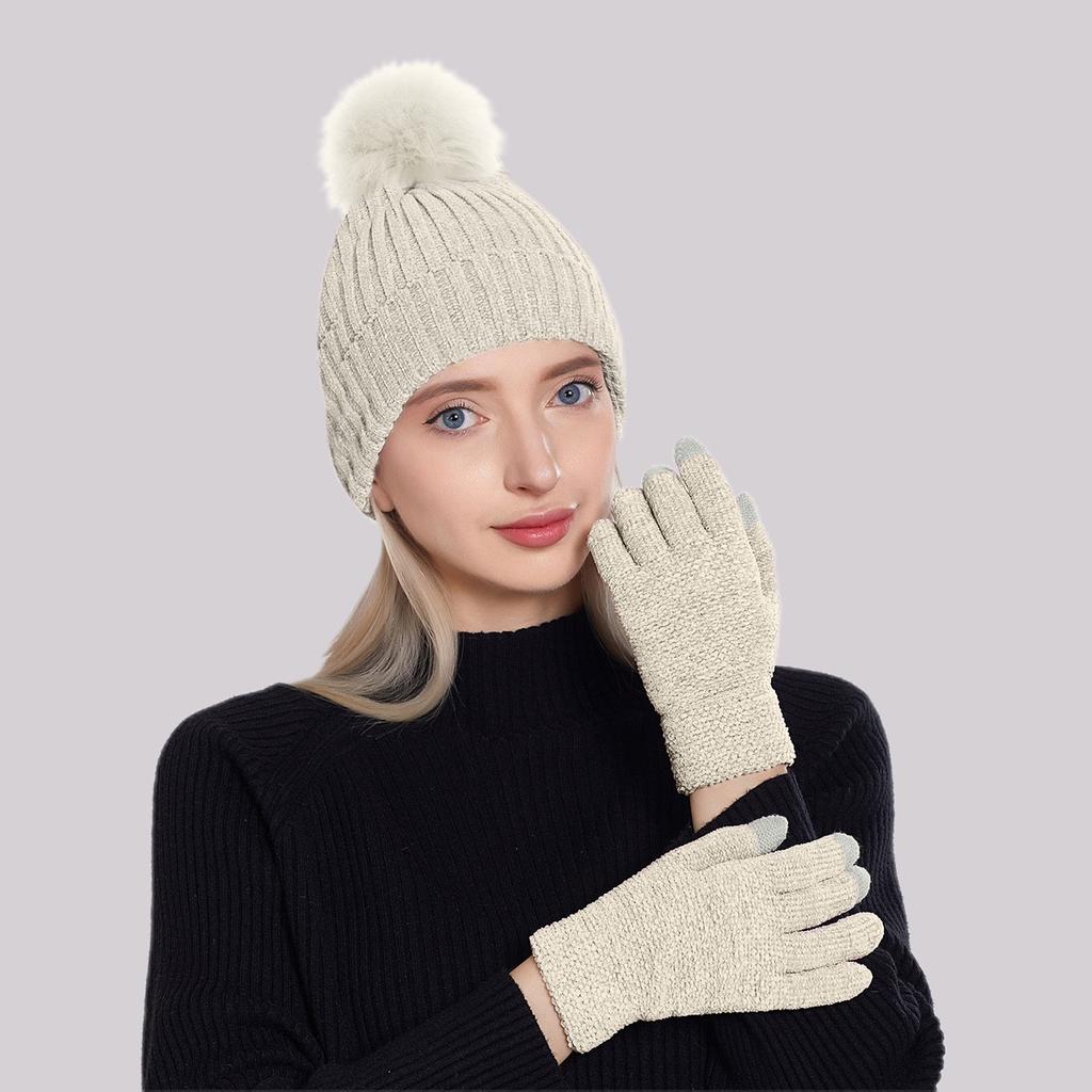 Knitted Hat, Women's Chenille Wool Hat, Glove Set, Thickened Warm Wool Ball Hat