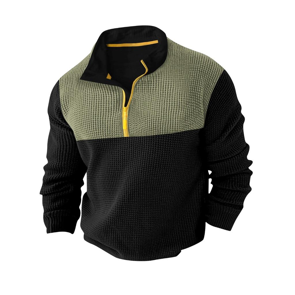 Spring and Autumn Leisure Sports Long Sleeve High Collar Top Color Blocking Half - Zip Waffle Knit Pullover Men’s T-Shirts