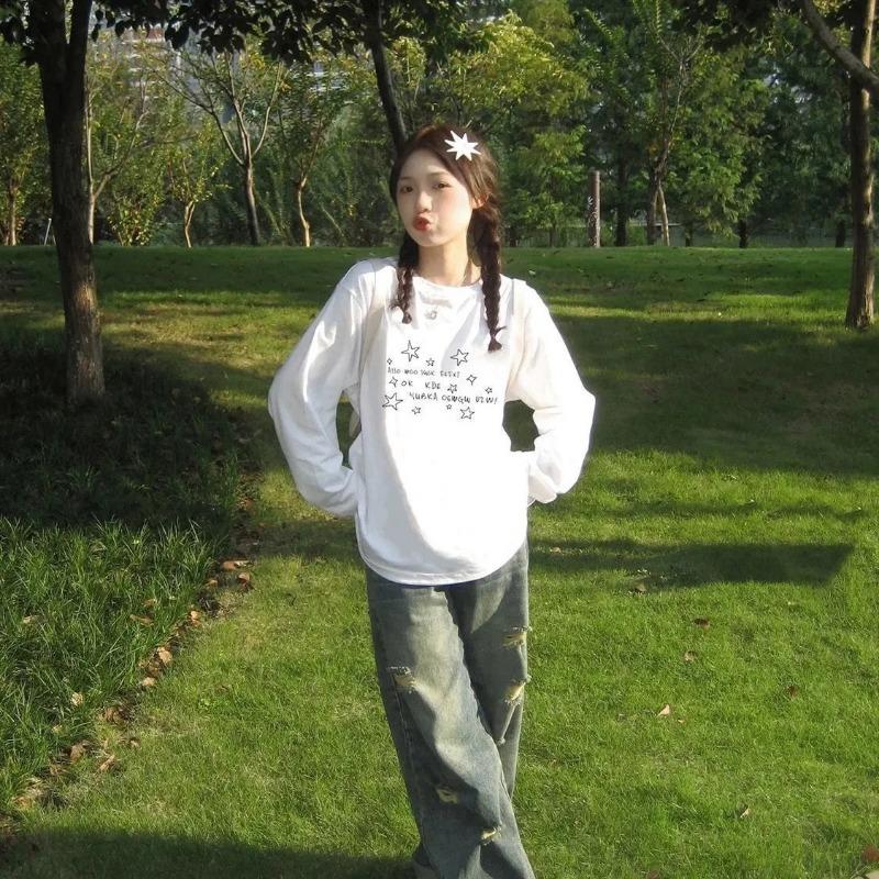 Новая футболка с длинным рукавом на осень Свободная Базовая Супер Красивая Уникальная и Красивая Верх S белый