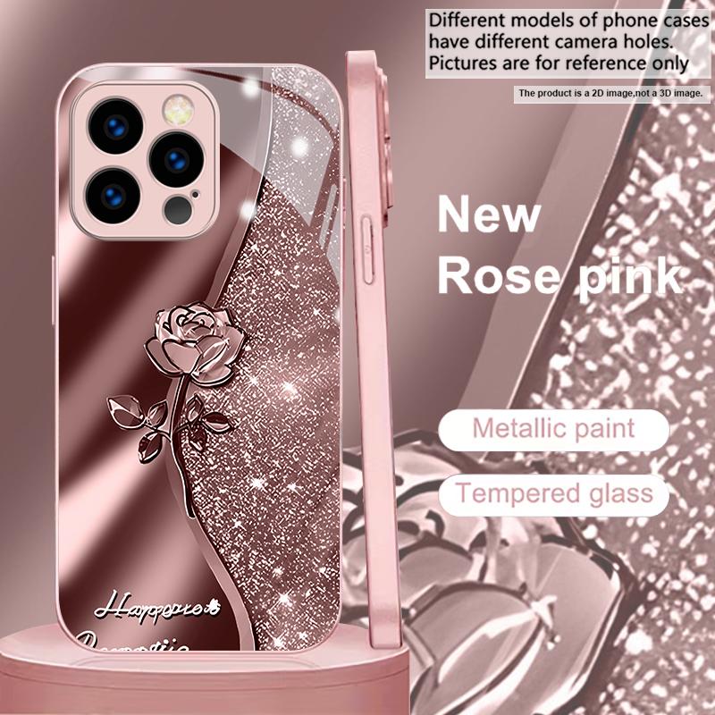 Sparkle Rose Emboss Pink Metallic Glass Phone Case For iPhone 11 12 13 14 15 16 17 Pro Max Plus 17Air 16E 7 8 Xr XsMAX Cover