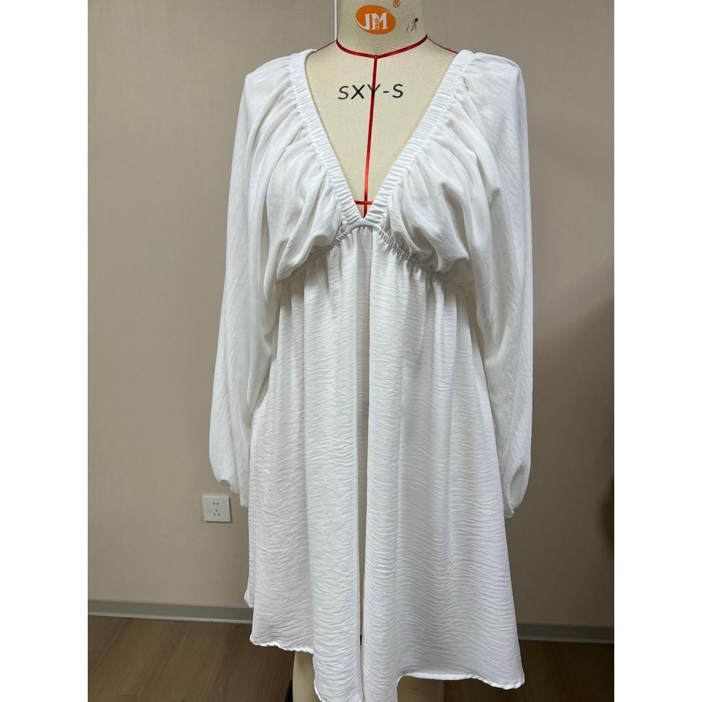New Original Design V Neck Long Puff Sleeve Swing A-line Dress for Women, Casual Party Dress for European American Crossborder