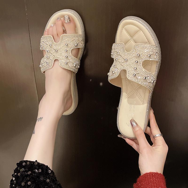 

Fashion 2025Fashion Pearl Sexy Women Slippers Banquet Party Peep-toe Flip Flops Silvery Shiny Non Slip Beach Shoes Women Shoes Sapatilas 40
