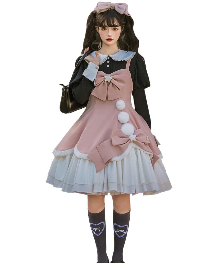 [Milky Time] 3-Piece Set: Lolita Dress, Jumper Skirt, and Power Shoulder Strap with Blouse (Pink x Black)