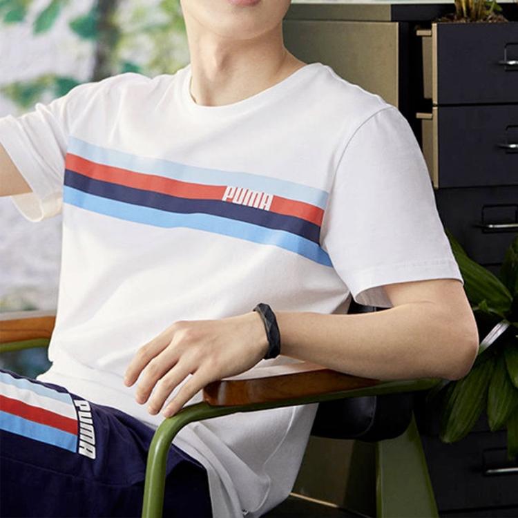 Puma Striped Print Short Sleeve T-Shirt Men Tops White 586040-52