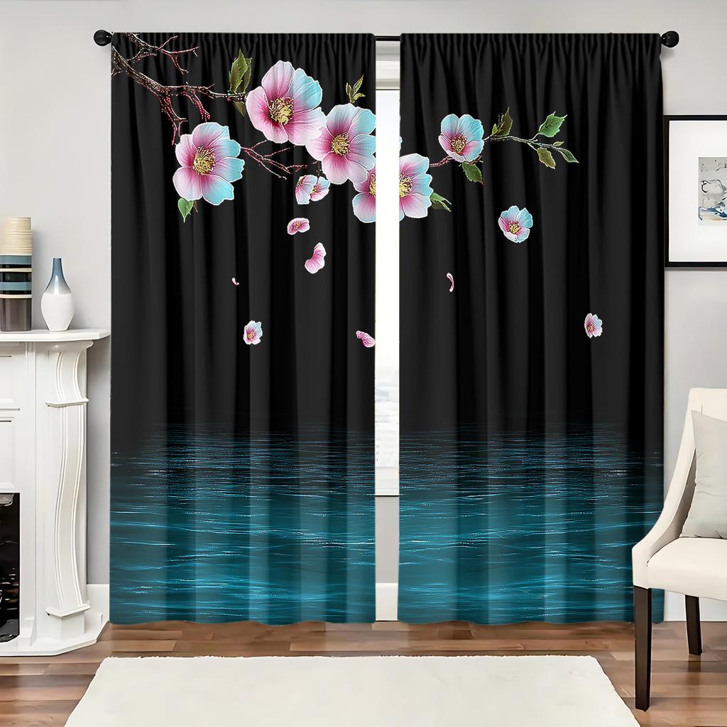 2-Pc Polyester Peach Blossom and Red Rose Curtains H-D Digital Print Rod Pocket Design Window Drapes for Bedroom Living Room