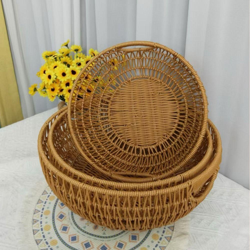 High Quality Imitation Vine Storage Basket Round Sturdy Fruit Basket Brown Large Capacity Drain Basket Gift