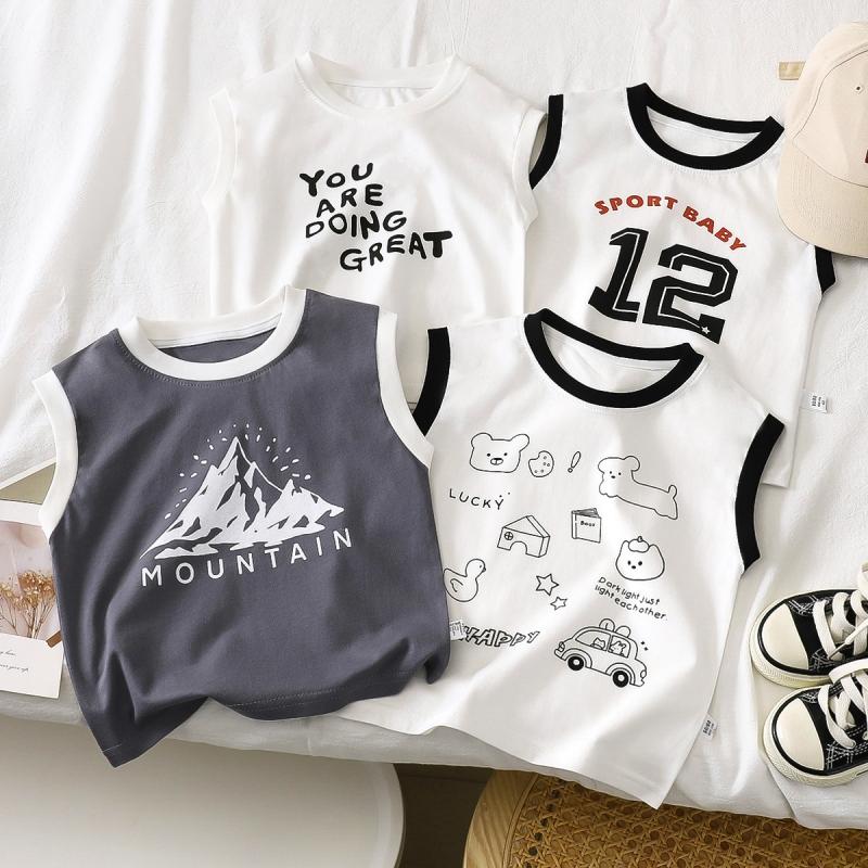 Kids Cotton Sleeveless T-shirt Summer Baby Comfortable Clothes Boys Girls Cartoon Vest Tee Children Breathable Leisure Tops
