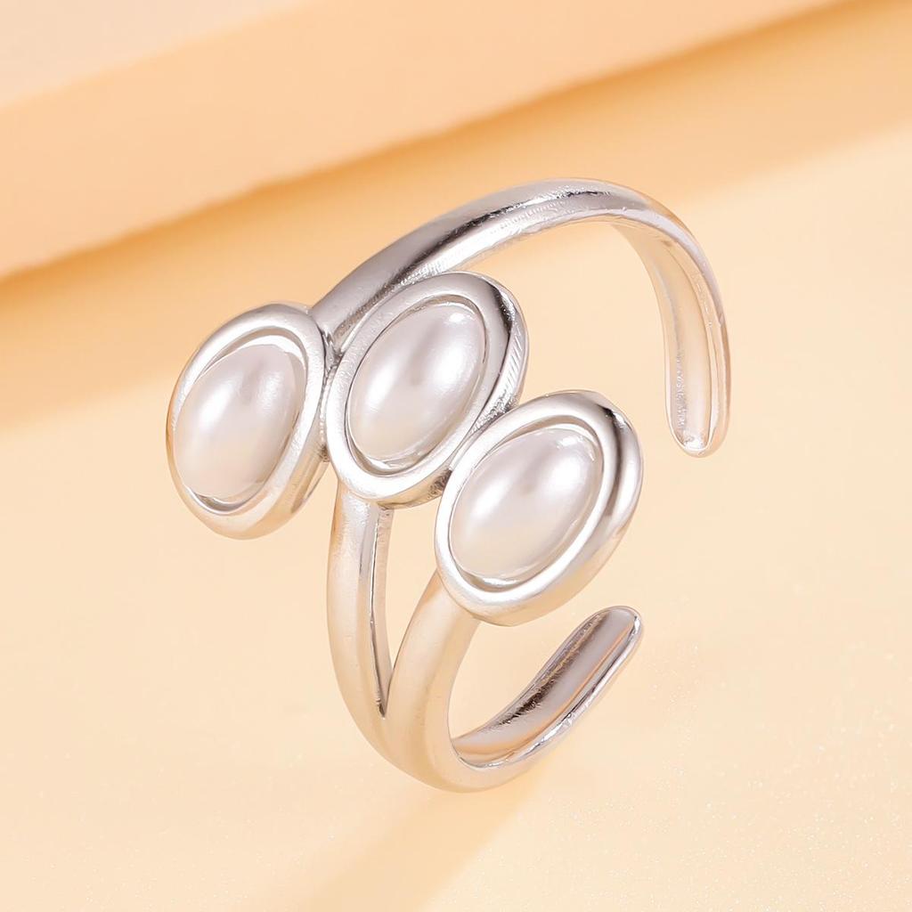18K Gold Plated Geometric Faux Pearl Open Ring: Versatile Fairy Style Stainless Steel Jewelry for Women